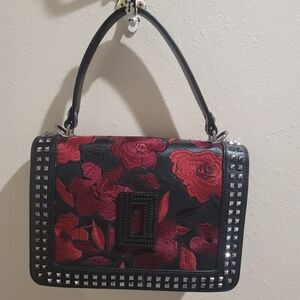 Studded Black and Red Floral Handbag